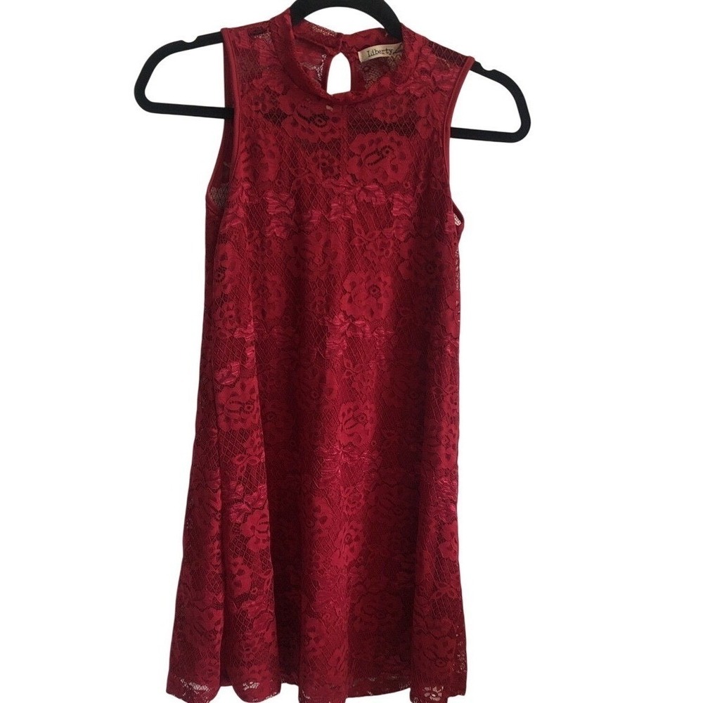 Liberty Love Lace Mock Neck Dress L‎ Pink Floral Sleeveless Swing Mini Keyhole